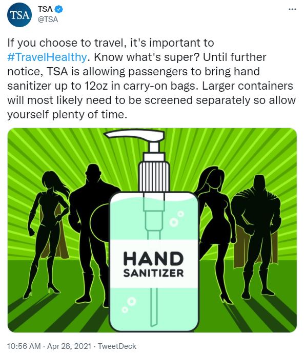 TSA tweets that hand sanitizer can be taken on a plane. 